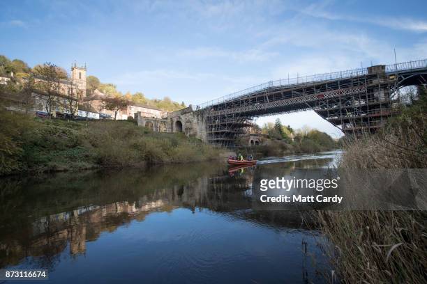 Conservationists begin repair work on the world's first iron bridge erected over the River Severn in Shropshire in 1779 on November 6, 2017 in...