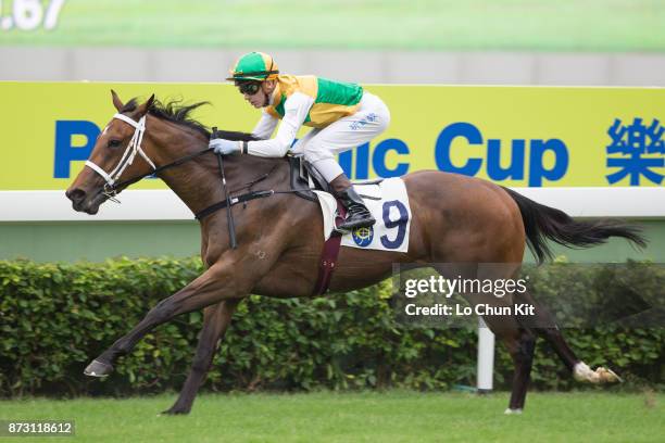 Jockey Sam Clipperton riding Sparkling Dragon wins Race 5 Panasonic 4k Oled TV Handicap at Sha Tin racecourse on November 11, 2017 in Hong Kong, Hong...