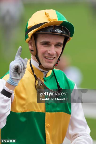 Jockey Sam Clipperton riding Sparkling Dragon wins Race 5 Panasonic 4k Oled TV Handicap at Sha Tin racecourse on November 11, 2017 in Hong Kong, Hong...