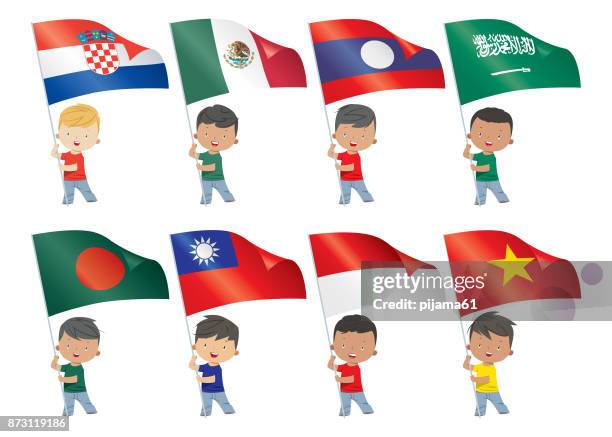 ilustraciones, imágenes clip art, dibujos animados e iconos de stock de los niños y banderas del mundo - bandera indonesia