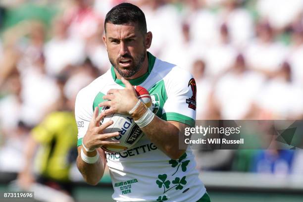 Shannon Mcdonnell of Ireland in action during the 2017 Rugby League World Cup match between Wales and Ireland at nib Stadium on November 12, 2017 in...