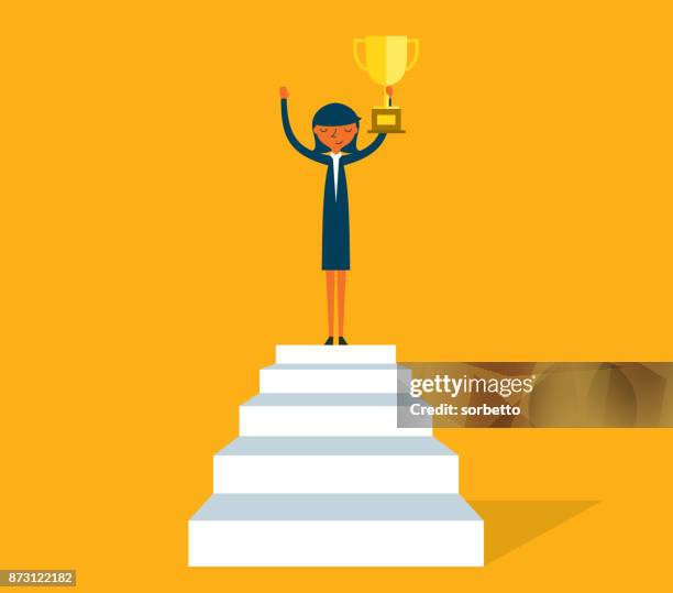 triumphant businesswoman on steps - awards 2017 winners stock illustrations