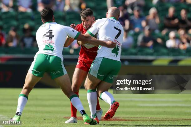 Elliot Kear of Wales is tackled during the 2017 Rugby League World Cup match between Wales and Ireland at nib Stadium on November 12, 2017 in Perth,...