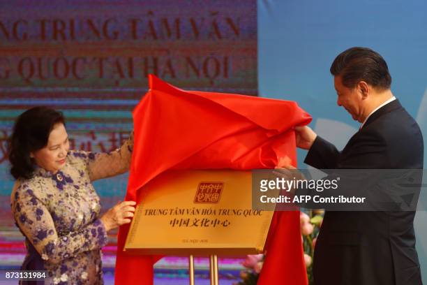 China's President Xi Jinping and Vietnam's National Assembly Chairwoman Nguyen Thi Kim Ngan inaugurate the Chinese sponsored Vietnam-China Cultural...