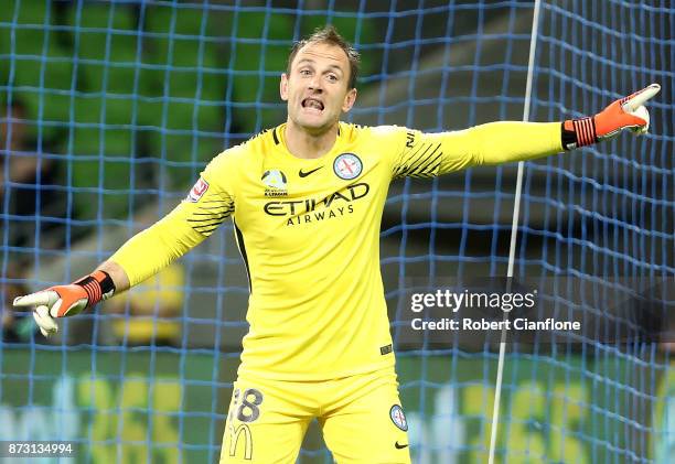 City goalkeeper Eugene Galekovic gestures during the round six A-League match between Melbourne City and the Western Sydney Wanderers at AAMI Park on...