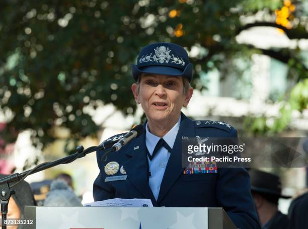 Air Force General Ellen Pawlikowski speaks at ceremony for New York 99th annual Veterans Day Parade on Madison Square Park.