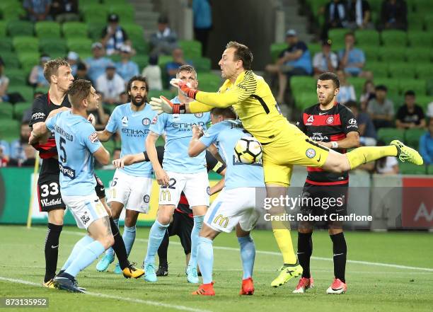 City goalkeeper Eugene Galekovic attempts to get the ball during the round six A-League match between Melbourne City and the Western Sydney Wanderers...