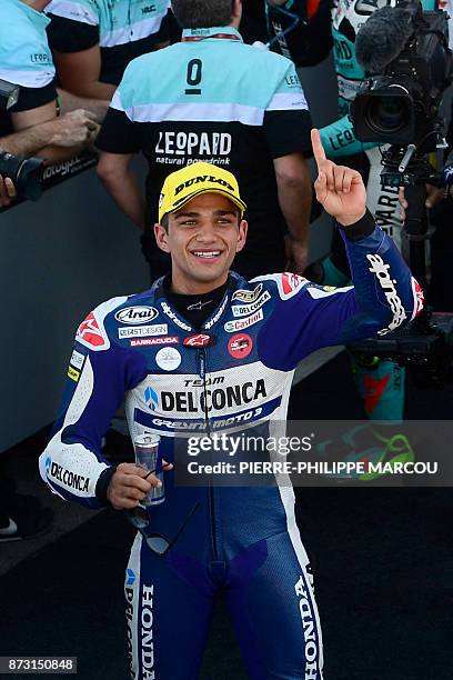 Del Conca Gresini Moto3 Spanish rider Jorge Martin celebrates after winning the Moto3 race of the Valencia Grand Prix at Ricardo Tormo racetrack in...