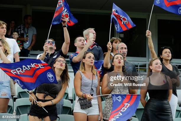 France fans show their support during the 2017 Rugby League World Cup match between England and France at nib Stadium on November 12, 2017 in Perth,...