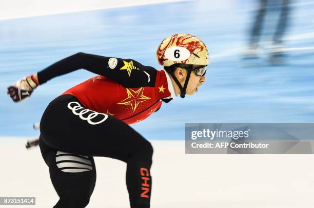 Wu Dajing of China competes during the men's 1000m final A event at the ISU World Cup Short Track in Shanghai on November 12, 2017. / AFP PHOTO /...