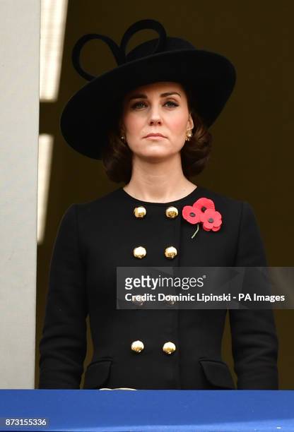 The Duchess of Cambridge, stands in a balcony as she observes the annual Remembrance Sunday Service at the Cenotaph memorial in Whitehall, central...