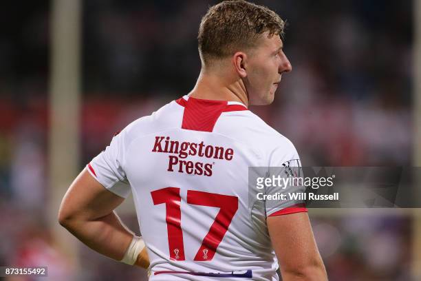 George Williams of England looks on during the 2017 Rugby League World Cup match between England and France at nib Stadium on November 12, 2017 in...