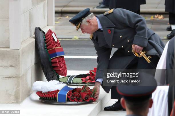 Prince Charles, Prince of Wales lays a wreath at the annual Remembrance Sunday memorial at the Cenotaph on Whitehall on November 12, 2017 in London,...