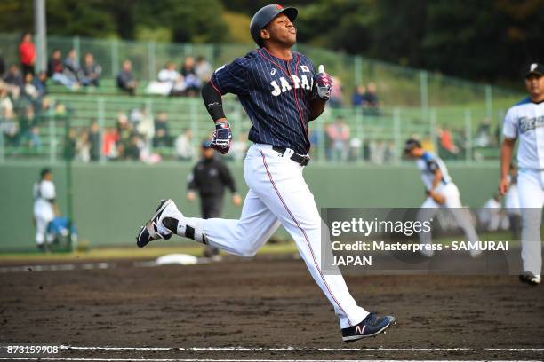 Louis Okoye of Samurai Japan during the practice game between Japan and Hokkaido Nippon Ham Fighters at Sokken Stadium on November 12, 2017 in...