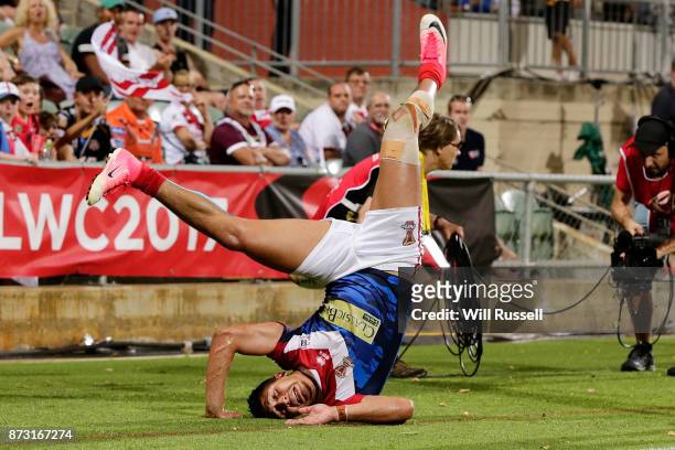 Ilias Bergal of France inverted during the 2017 Rugby League World Cup match between England and France at nib Stadium on November 12, 2017 in Perth,...