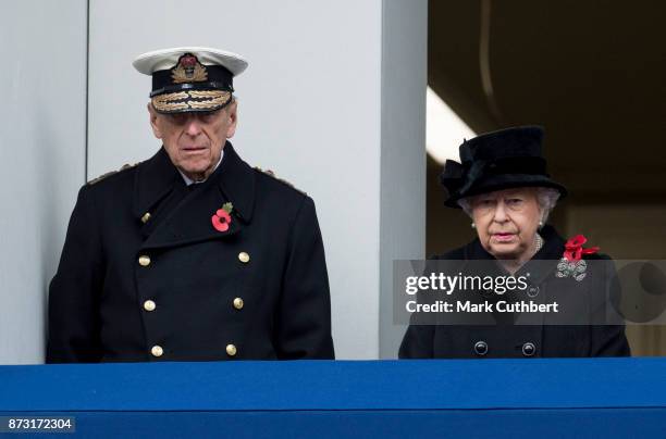 Queen Elizabeth II and Prince Philip, Duke of Edinburgh during the annual Remembrance Sunday memorial on November 12, 2017 in London, England. The...