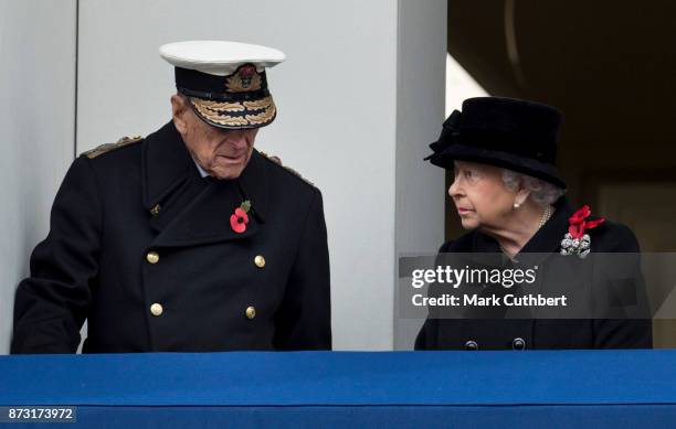 Queen Elizabeth II and Prince Philip, Duke of Edinburgh during the annual Remembrance Sunday memorial on November 12, 2017 in London, England. The...