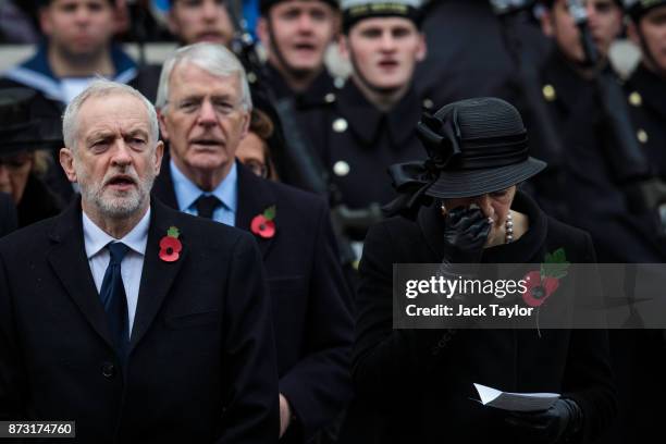 British Prime Minister Theresa May, former Prime Minister John Major and Labour Leader Jeremy Corbyn attend the annual Remembrance Sunday memorial on...