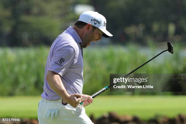 Branden Grace of South Africa celebrates a birdie on the 16th green during the final round of the Nedbank Golf Challenge at Gary Player CC on...