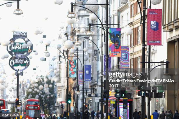Branding is seen on Oxford Street ahead of the MTV EMAs 2017 on November 12, 2017 in London, England. The MTV EMAs 2017 is held at The SSE Arena,...