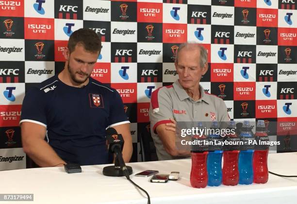 England head coach Wayne Bennett and captain Sean OÕLouglin during a post match press conference after the Pool A match at the Perth Rectangular...