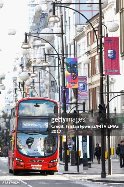 Branding is seen on Oxford Street ahead of the MTV EMAs 2017 on November 12, 2017 in London, England. The MTV EMAs 2017 is held at The SSE Arena,...