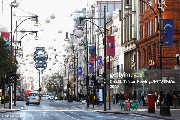 Branding is seen on Oxford Street ahead of the MTV EMAs 2017 on November 12, 2017 in London, England. The MTV EMAs 2017 is held at The SSE Arena,...