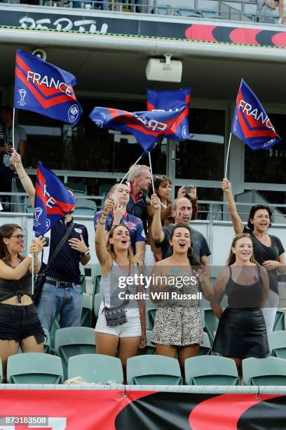 French fans show their support during the 2017 Rugby League World Cup match between England and France at nib Stadium on November 12, 2017 in Perth,...