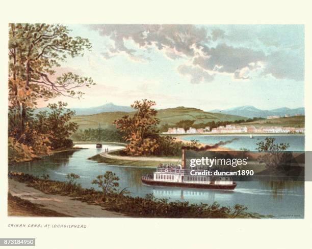 crinan canal bei lochgilphead, argyll and bute, scotland, 19. jahrhundert - steamboat stock-grafiken, -clipart, -cartoons und -symbole