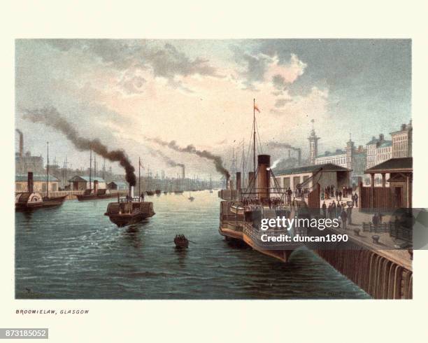 paddle steamers on the river clyde, broomielaw, glasgow, 19th century - steam liner stock illustrations
