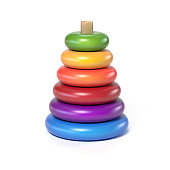 wooden pyramid children's toy made of colorful rings on a white background 3d rendering