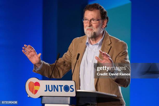 Spain's Prime Minister Mariano Rajoy speaks during a PPC rally on November 12, 2017 in Barcelona, Spain. Spain's Prime Minister Mariano Rajoy is in...