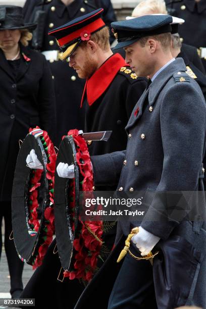 Prince Harry and Prince William, Duke of Cambridge lay wreaths during the annual Remembrance Sunday memorial on November 12, 2017 in London, England....
