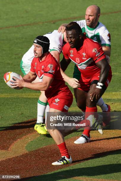 Andrew Gay of Wales looks to pass the ball during the 2017 Rugby League World Cup match between Wales and Ireland at nib Stadium on November 12, 2017...