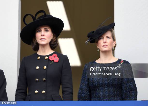 Catherine, Duchess of Cambridge and Sophie, Countess of Wessex during the annual Remembrance Sunday Service at The Cenotaph on November 12, 2017 in...