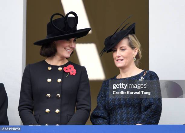 Catherine, Duchess of Cambridge and Sophie, Countess of Wessex during the annual Remembrance Sunday Service at The Cenotaph on November 12, 2017 in...