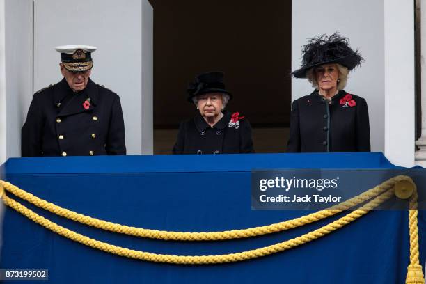 Prince Philip, Duke of Edinburgh, Queen Elizabeth II and Camilla, Duchess of Cornwall attend the annual Remembrance Sunday memorial on November 12,...