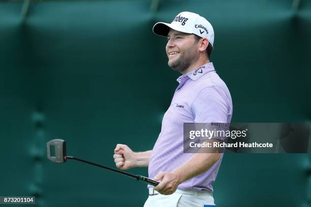 Branden Grace of South Africa celebrates his victory on the 18th green during the final round of the Nedbank Golf Challenge at Gary Player CC on...