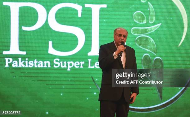 Chairman of Pakistan Cricket Board Najam Sethi speaks during the third edition of Pakistan Super League draft in Lahore on November 12, 2017. / AFP...