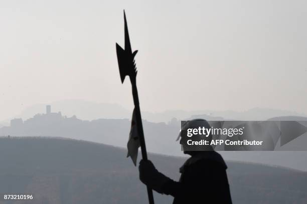 Medieval re-enactor holds a halberd near the Grinzane Cavour castle near Alba, northwestern Italy, on November 12, 2017. / AFP PHOTO / MARCO...