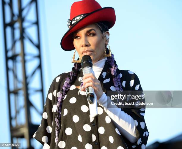 Singer Ivy Queen performs onstage during the Tropicalia Music and Taco Festival at Queen Mary Events Park on November 11, 2017 in Long Beach,...