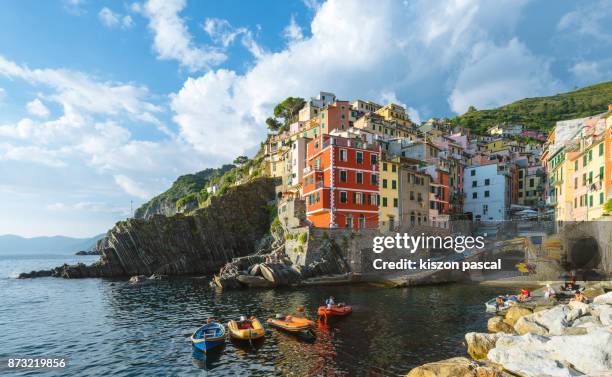 famous village of cinque terre in liguria in day , italy , europe - リオマッジョーレ ストックフォトと画像