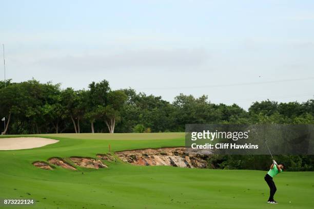 Patrick Rodgers of the United States plays a shot on the sixth hole during the continuation of the third round of the OHL Classic at Mayakoba on...