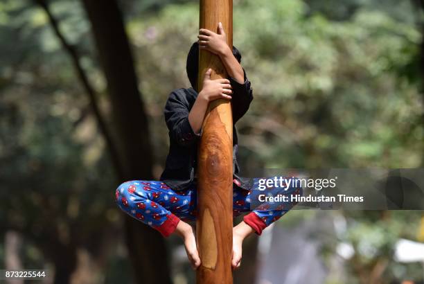 Child climbing on a Mallakhamb pole during Makkala Hanna, Children Festival at Cubbon Park, on November 12, 2017 in Bengaluru, India. Karnataka...