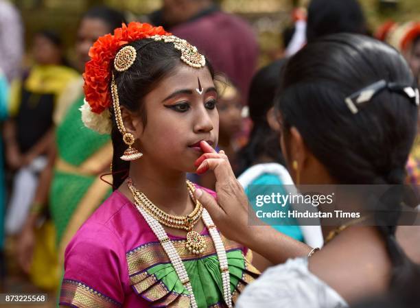 Girl dressed in traditional attire for dance program during Makkala Hanna, Children Festival at Cubbon Park, on November 12, 2017 in Bengaluru,...