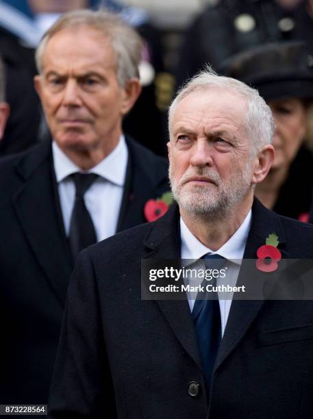 Jeremy Corbyn and Tony Blair during the annual Remembrance Sunday memorial on November 12, 2017 in London, England. The Prince of Wales, senior...