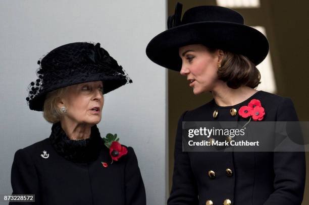 Princess Alexandra and Catherine, Duchess of Cambridge during the annual Remembrance Sunday memorial on November 12, 2017 in London, England. The...