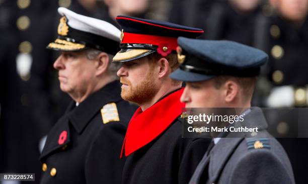 Prince William, Duke of Cambridge and Prince Harry with Prince Andrew, Duke of York during the annual Remembrance Sunday memorial on November 12,...