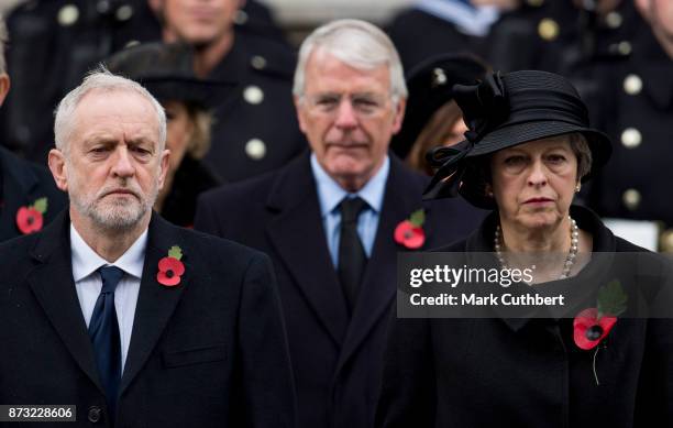 Prime Minister, Theresa May, Jeremy Corbyn and John Major during the annual Remembrance Sunday memorial on November 12, 2017 in London, England. The...