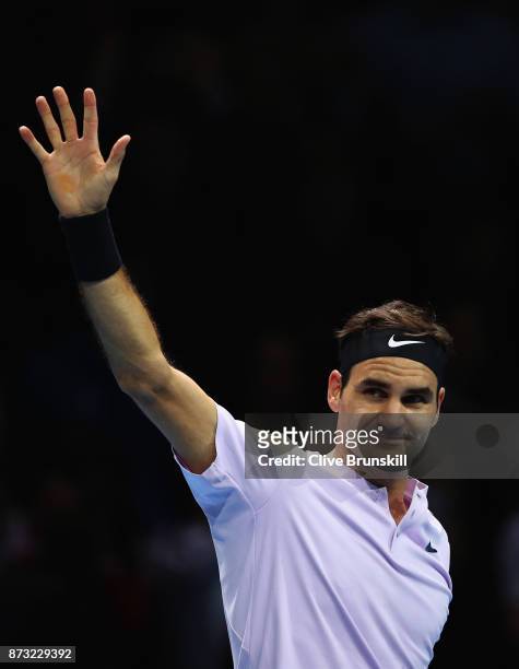 Roger Federer of Switzerland celebrates his straight sets victory against Jack Sock of the United States during the Nitto ATP World Tour Finals at O2...